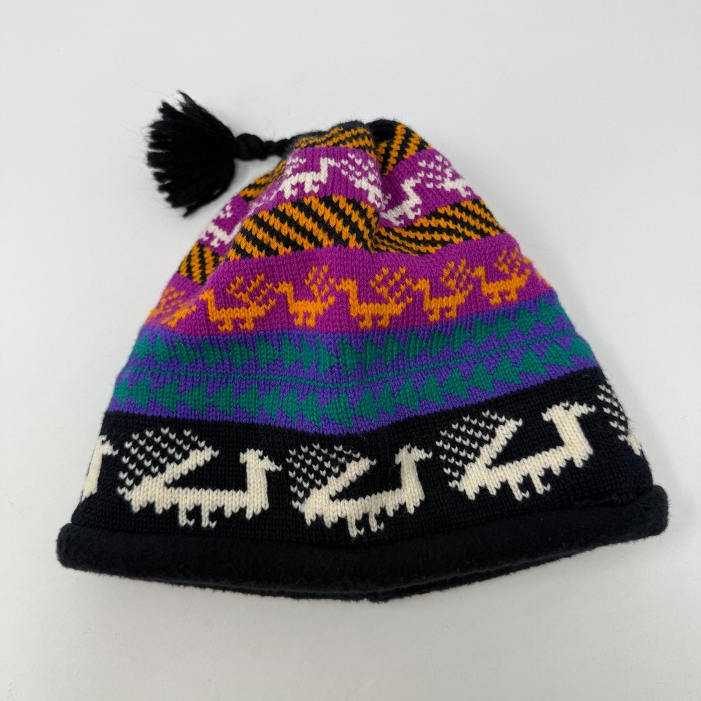 Turtle Fur Vintage Knit Beanie Llama Pattern Fleece‎ Lined Wool Blend Hat USA